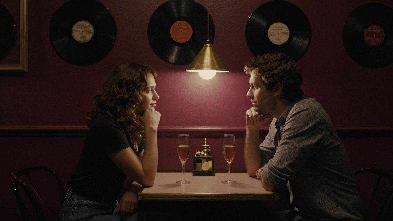 A couple shares quiet time in a cozy Montmartre jazz club with champagne and soft lighting.