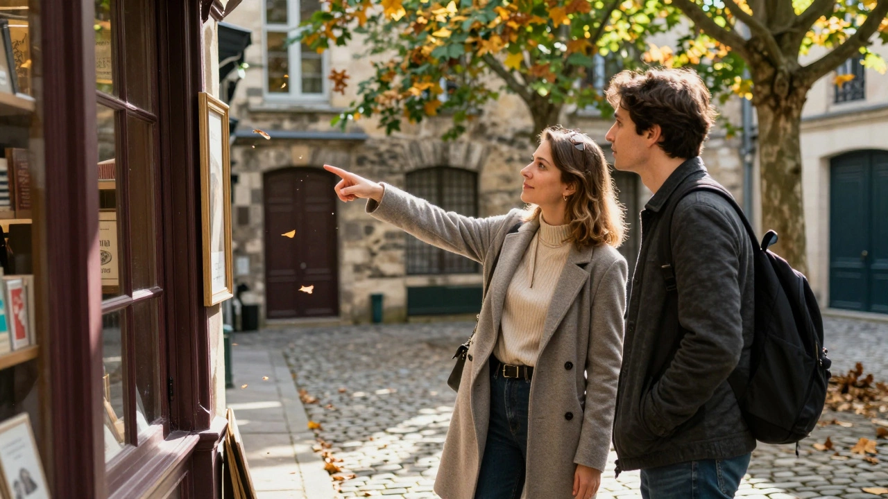 A woman shows a visitor a hidden courtyard in Le Marais during a sunny autumn afternoon.