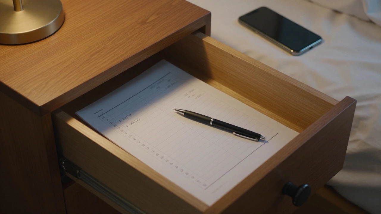 Open drawer with printed coded schedule and dark smartphone on bed