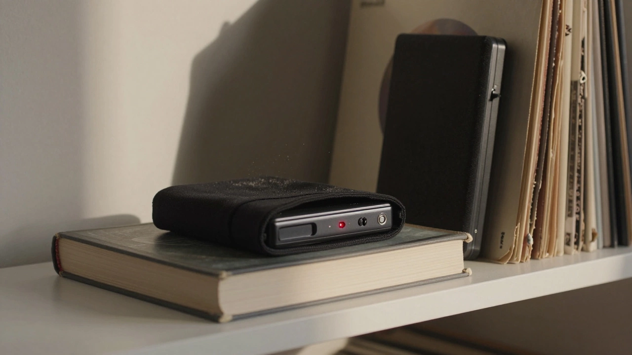 Two encrypted hard drives hidden in a book and behind vinyl records